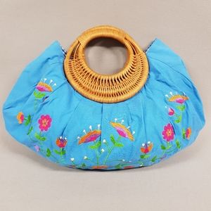 Handwoven Rattan Handle Crescent Shape Purse Embroidered Floral Tote Bag